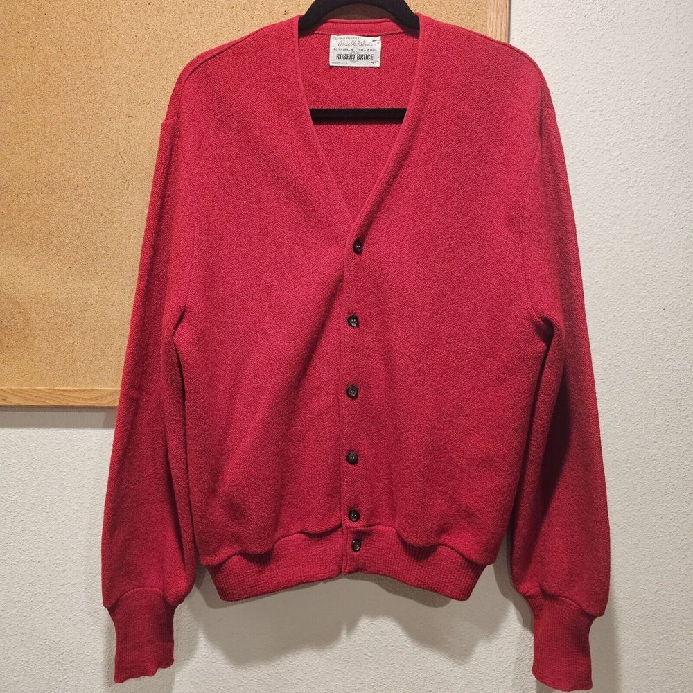 Robert Bruce Arnold‎ Palmer Vintage 1960s Red Wool Alpaca Cardigan USA Mens M
